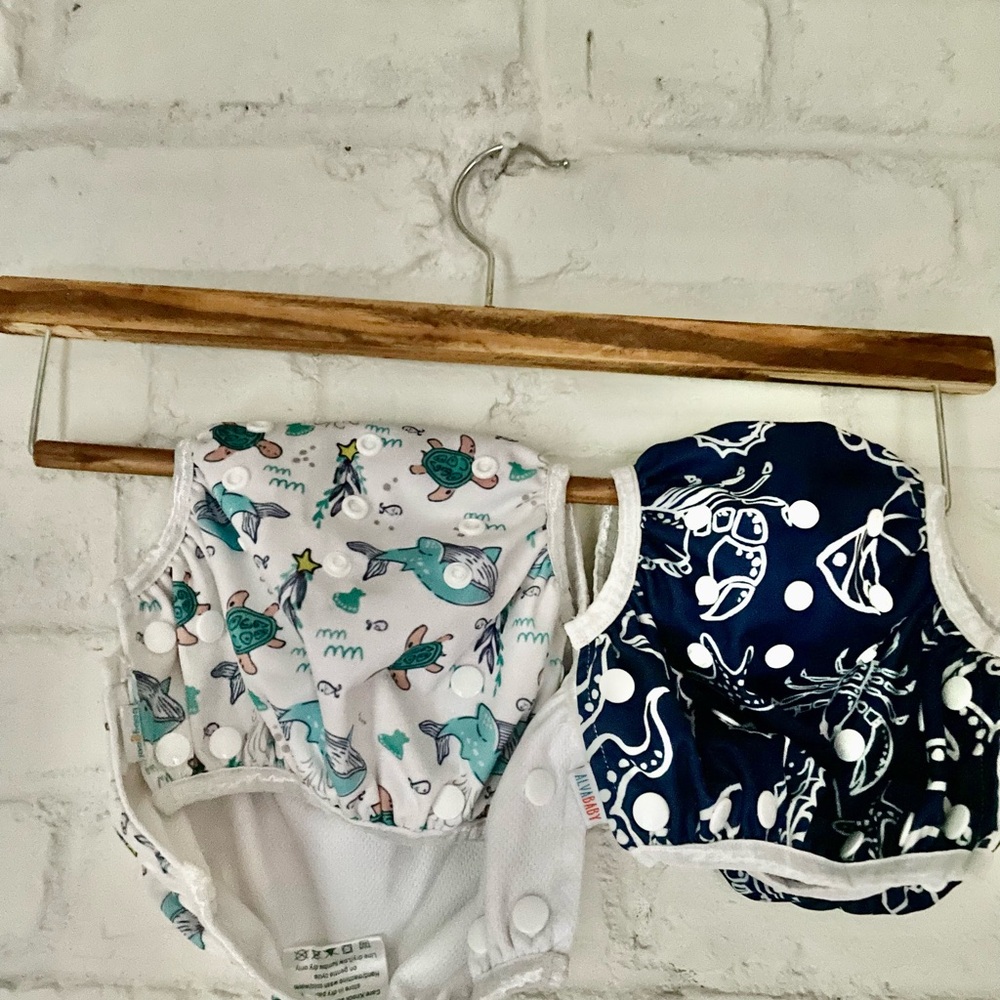 Alvababy and Babygoa Reusable Diaper Cover - Navy Sea Creatures & White Dolphins